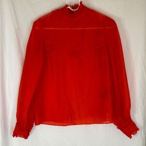 H&M Red Sheer Blouse Ruffle Mock Neck Long Sleeve Semi Transparent Wm's‎ Size 8